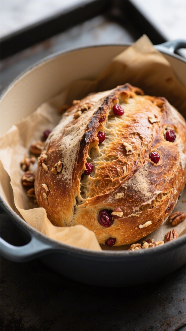 Close-up detail: A freshly baked cranberry pecan sourdough loaf just out of the Dutch oven, deep gol