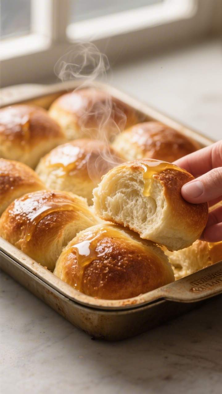 Close-up detail: A golden, freshly baked pan of Sourdough Texas Roadhouse Rolls just out of the oven