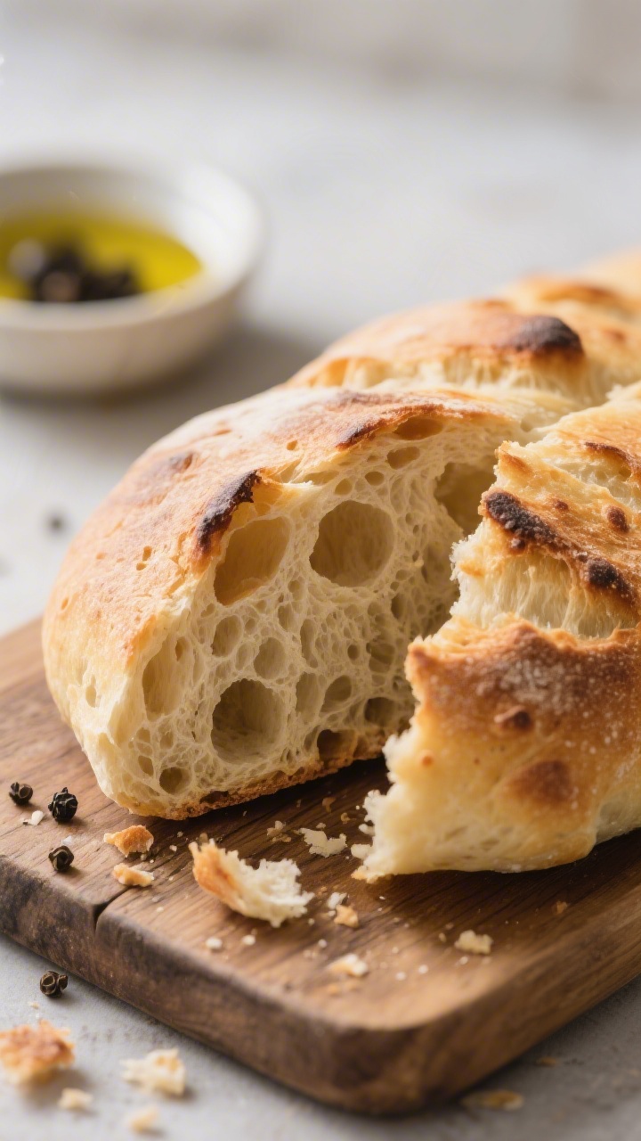 Close-up detail shot of freshly baked sourdough ciabatta torn open, revealing a soft, ultra-open cru