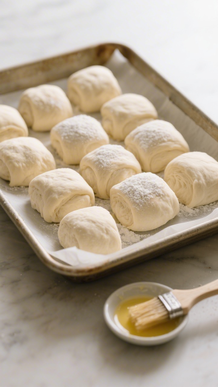 Cooking process: Overhead shot of shaped sourdough rolls in a 9x13-inch pan during the second rise, 