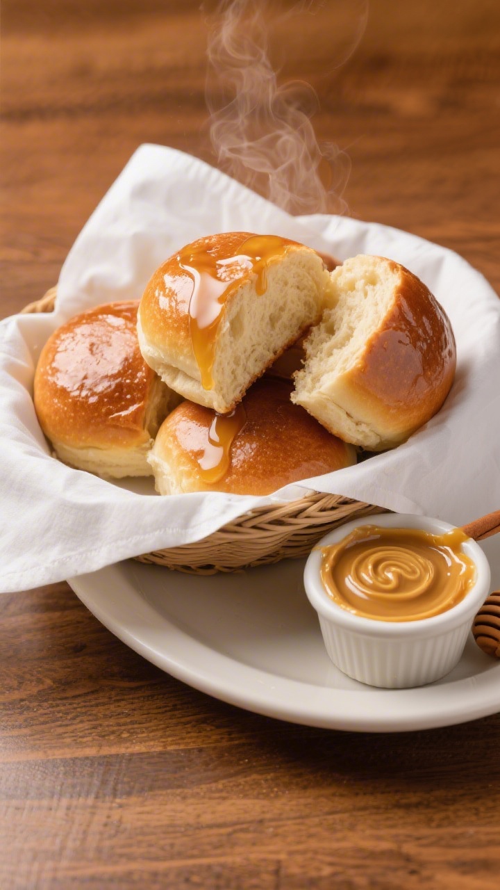 Final dish presentation: Beautifully plated Sourdough Texas Roadhouse Rolls stacked in a rustic bask