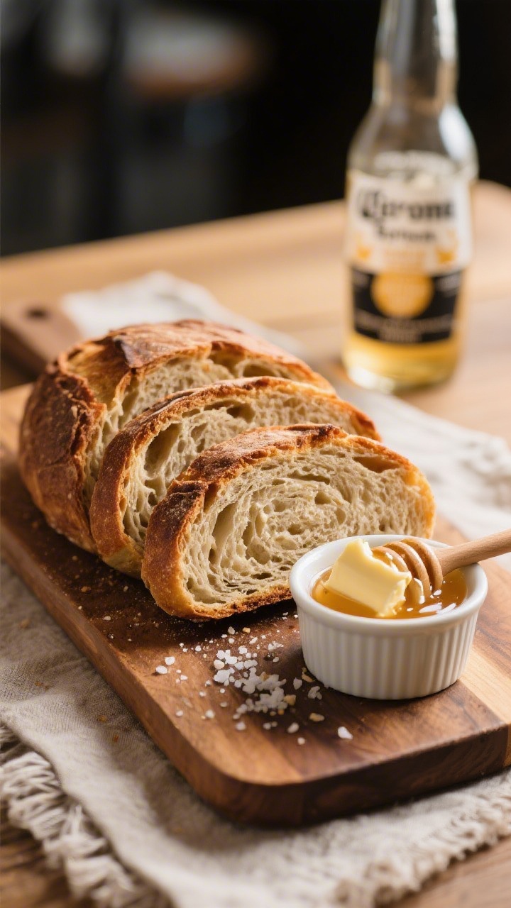 Final dish presentation: Beautifully sliced sourdough beer bread on a wooden board—thick warm slic