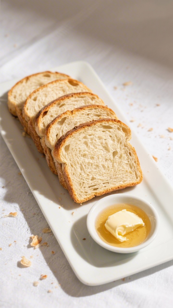 Final dish presentation: Restaurant-quality sliced sourdough sandwich bread on a simple white rectan
