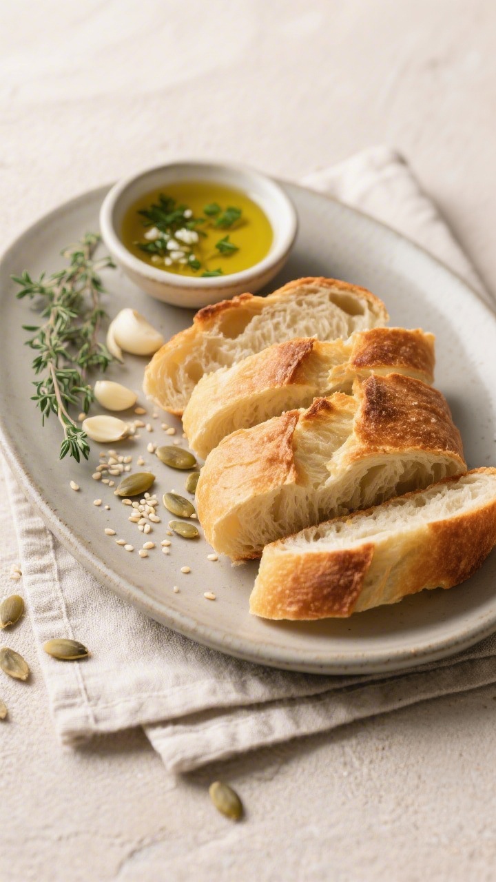 Final presentation top-down shot: sliced ciabatta arranged on a matte ceramic platter, deep golden c