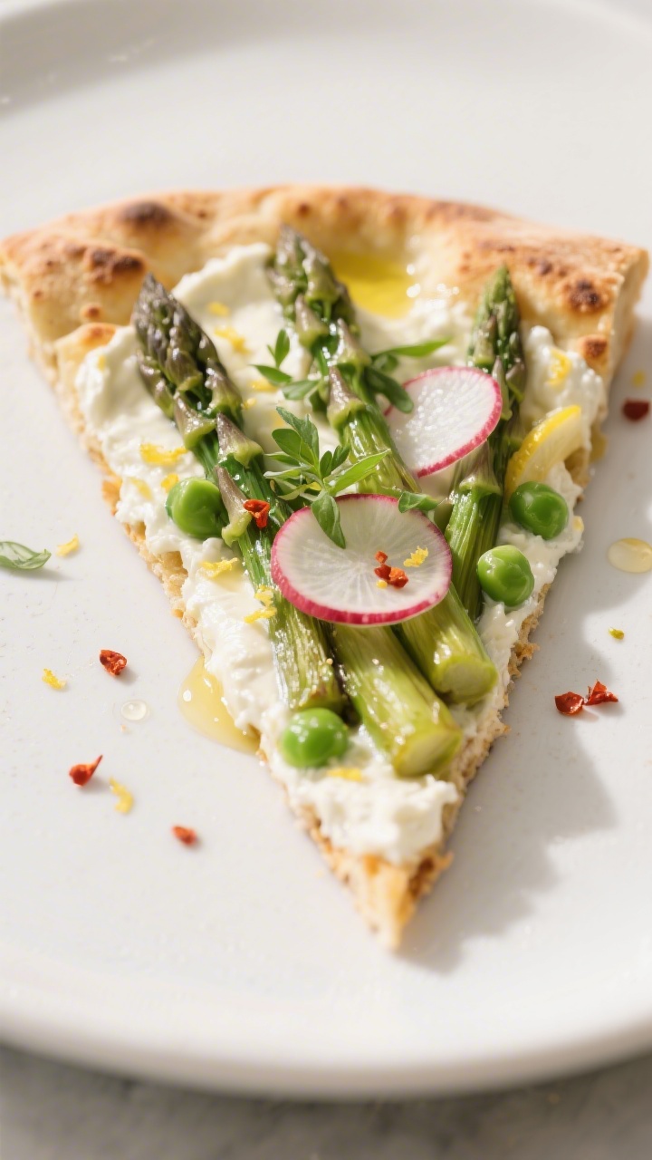 Close-up detail, 3/4 angle: Sliced wedge of Spring Veggie Flatbread on a matte white plate, showing