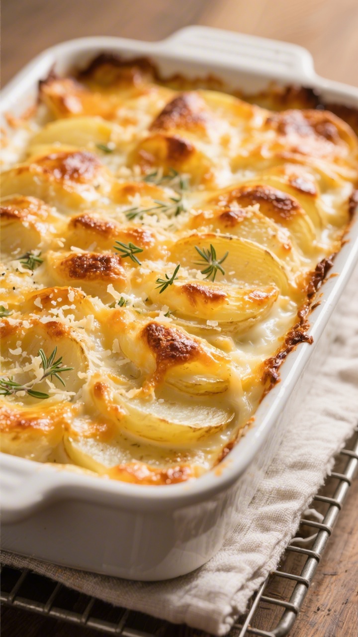 Close-up detail: A bubbling casserole of scalloped potatoes with Gruyere just out of the oven, golde
