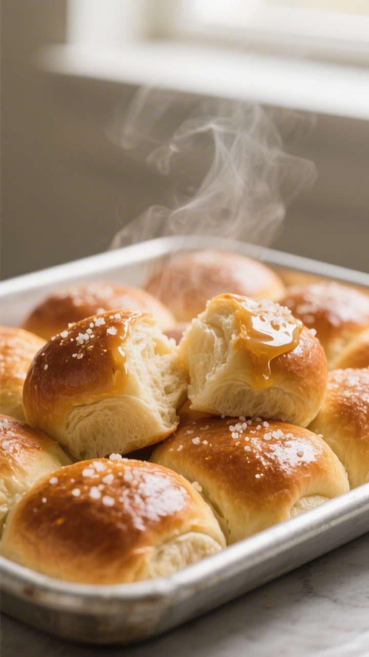 Close-up detail: A cluster of freshly baked honey butter dinner rolls just out of the oven, tops gol