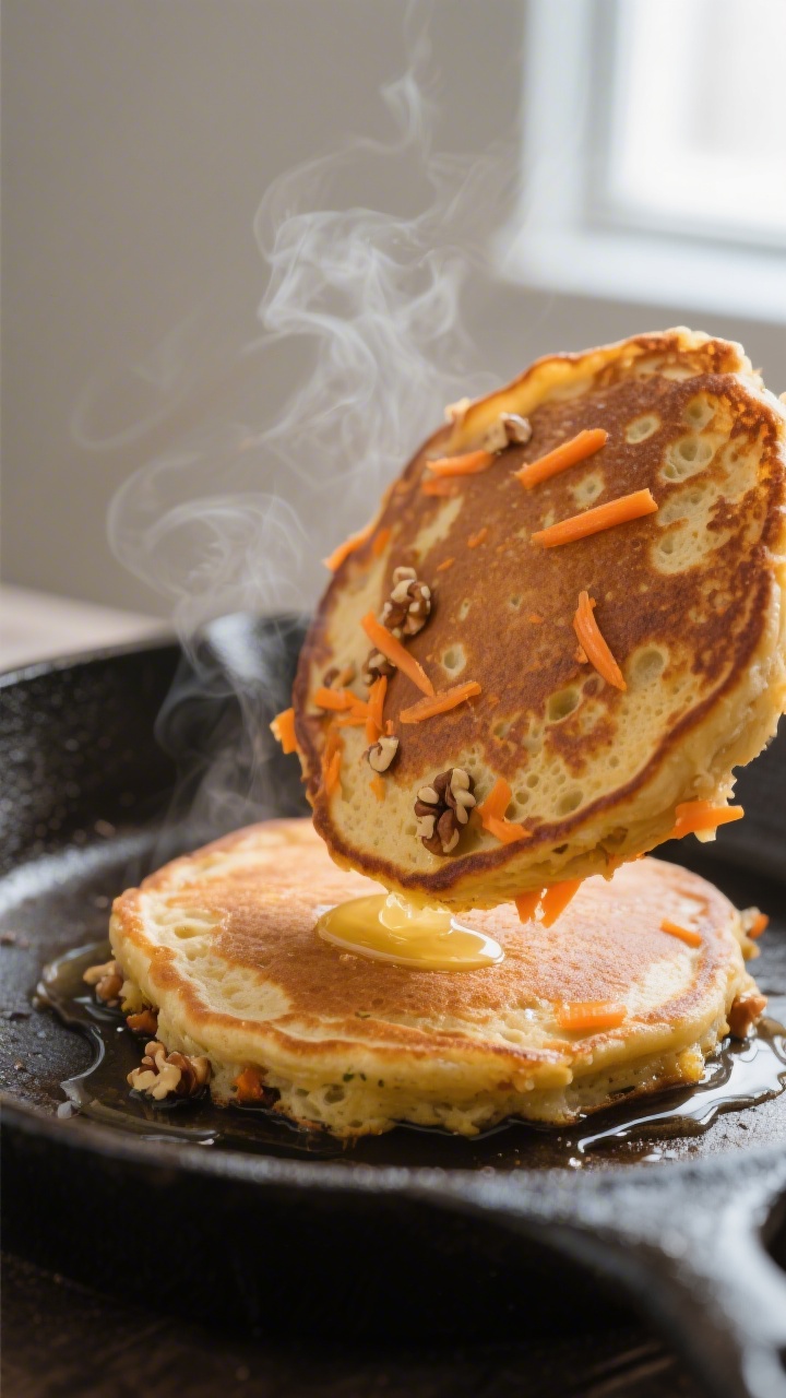 Close-up detail: A fluffy carrot cake pancake just flipped on a cast-iron griddle, golden-brown surf