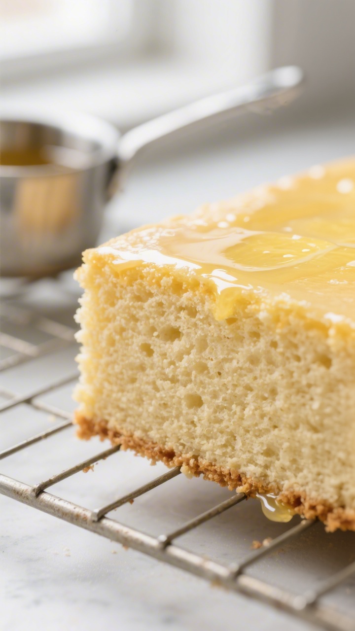 Close-up detail: A freshly baked lemon cake layer still warm on a wire rack, surface brushed with gl