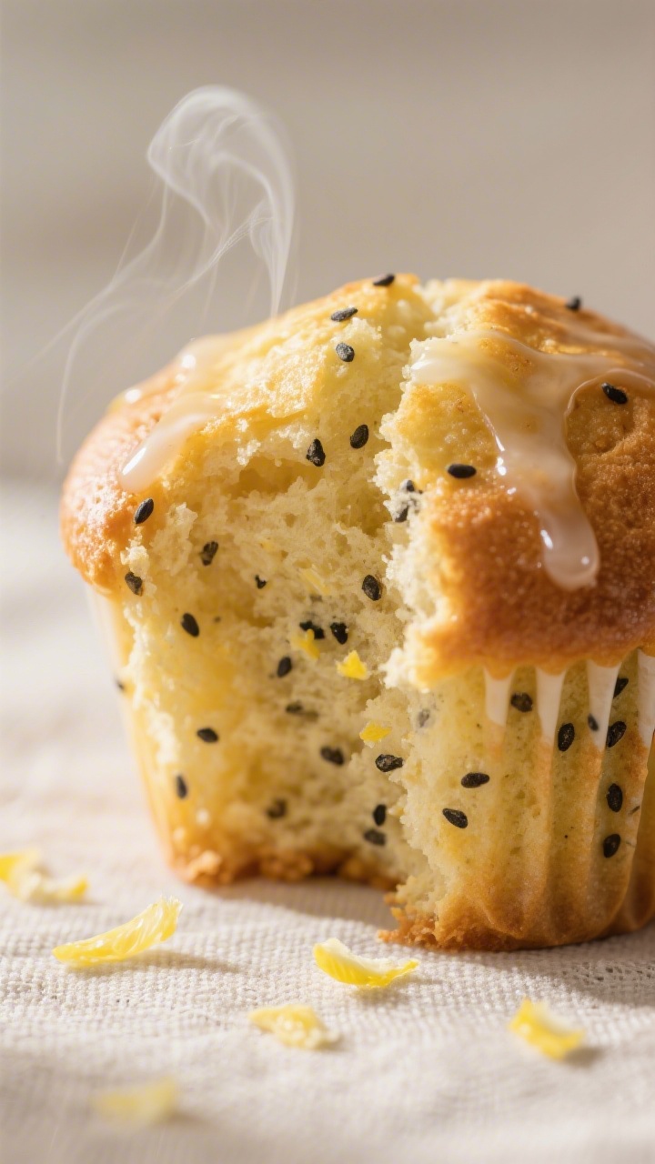 Close-up detail: A freshly baked lemon poppy seed muffin torn open to reveal a tender, moist crumb d