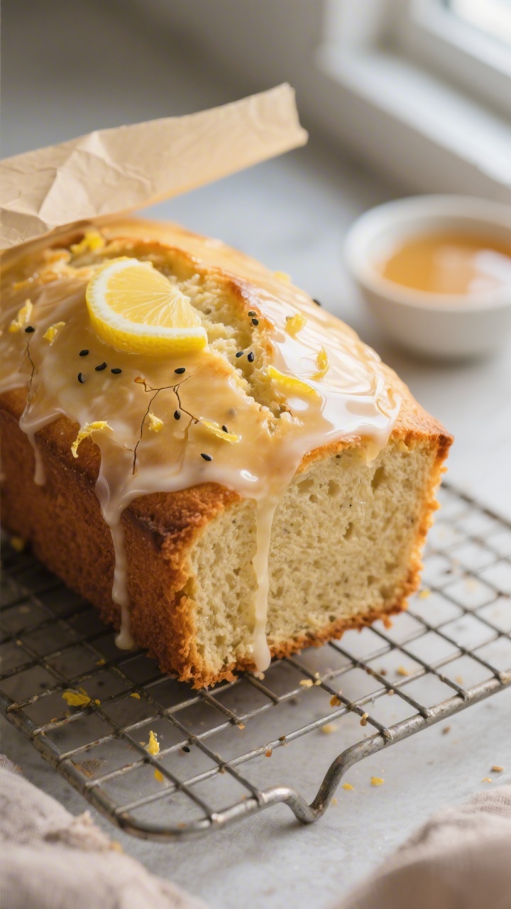 Close-up detail: A freshly baked sourdough lemon loaf just out of the pan and set on a wire rack, go