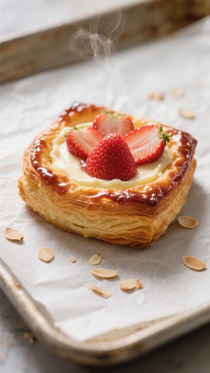 Close-up detail: A freshly baked Strawberry Cream Cheese Danish just out of the oven, showing deeply