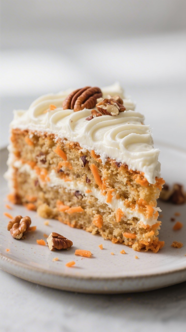 Close-up detail: A freshly frosted slice of carrot cake with silky cream cheese frosting swirled thi
