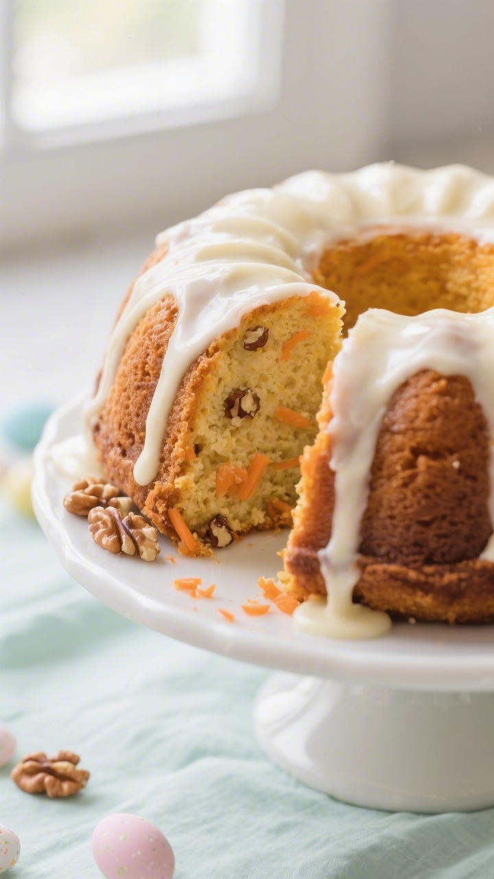 Close-up detail: A freshly glazed Classic Easter Carrot Bundt Cake with thick, glossy cream cheese g