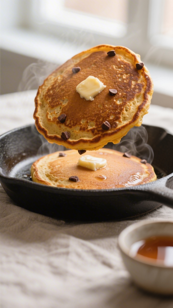 Close-up detail: A golden-brown sourdough pumpkin pancake just flipped on a buttered cast-iron gridd