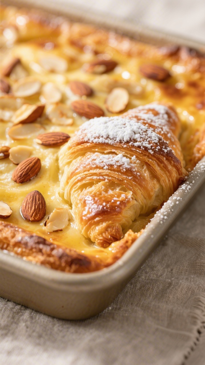 Close-up detail: A golden, custardy Almond Croissant Bake just out of the oven, showing crisp, deepl