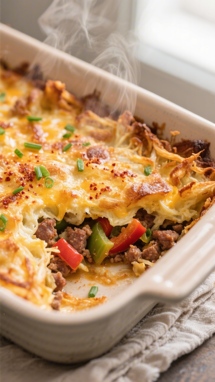 Close-up detail: A golden, just-baked hash brown breakfast casserole corner with ultra-crispy shredd