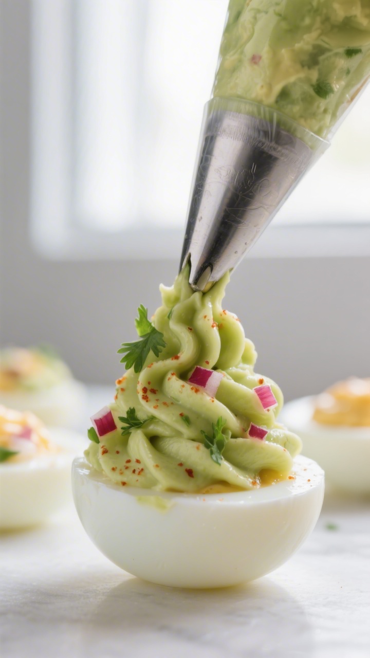 Close-up detail: A halved deviled egg being filled with a piping bag, avocado-yolk mixture swirled i