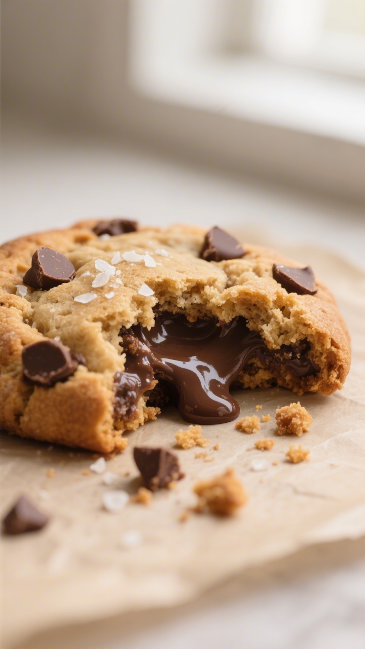 Close-up detail: A just-baked brown butter sourdough chocolate chip cookie broken open to reveal goo