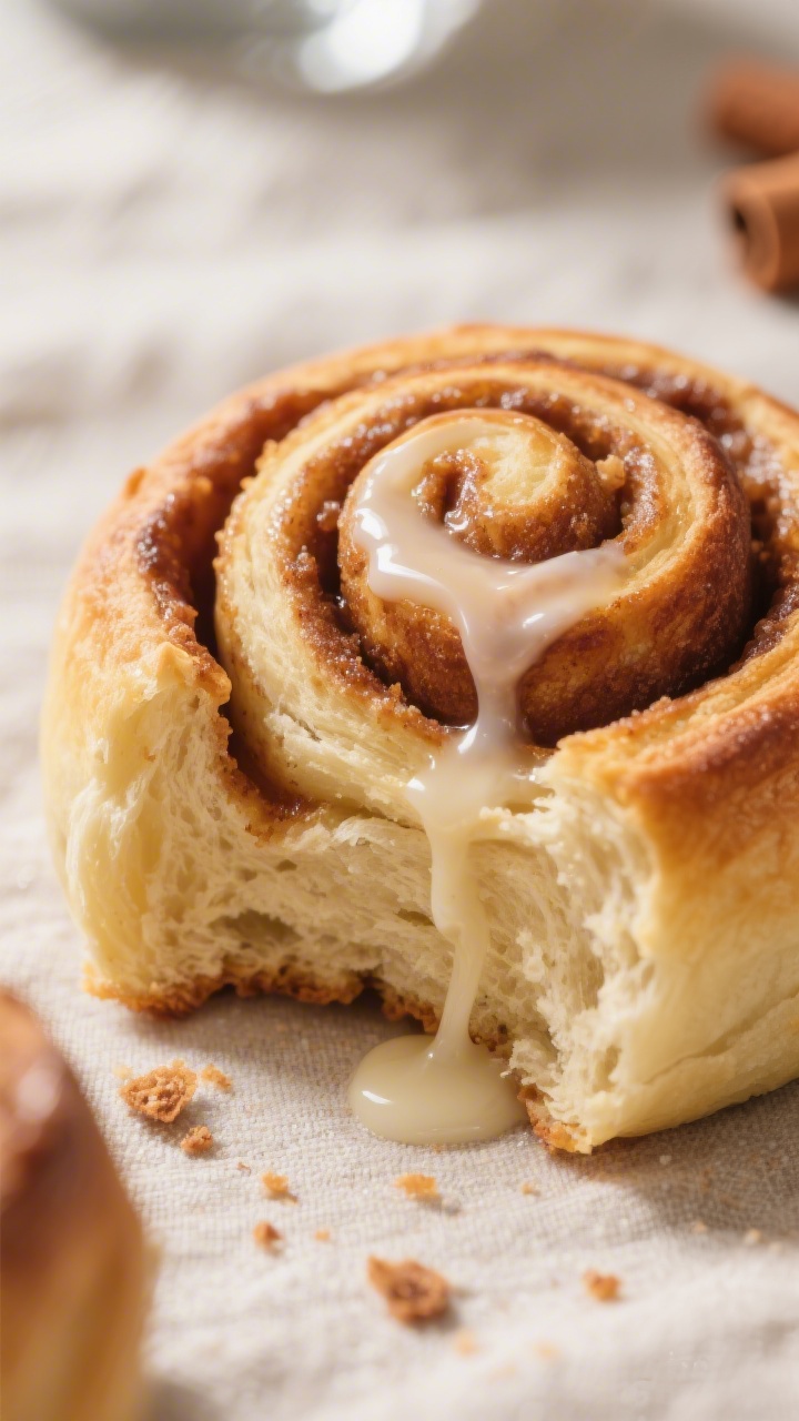 Close-up detail: A just-baked ourdough cinnamon roll torn open to reveal a glossy, tight spiral with