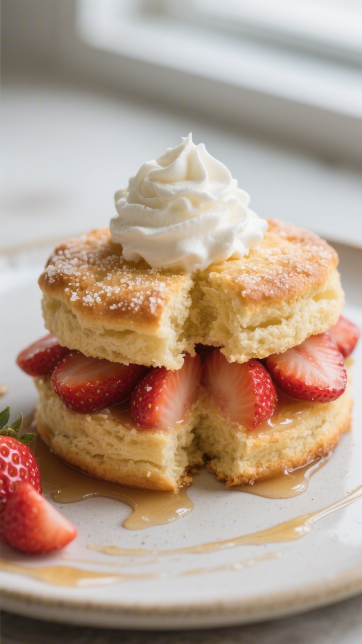 Close-up detail: A just-baked shortcake biscuit split open, showing flaky, buttery layers with a gol