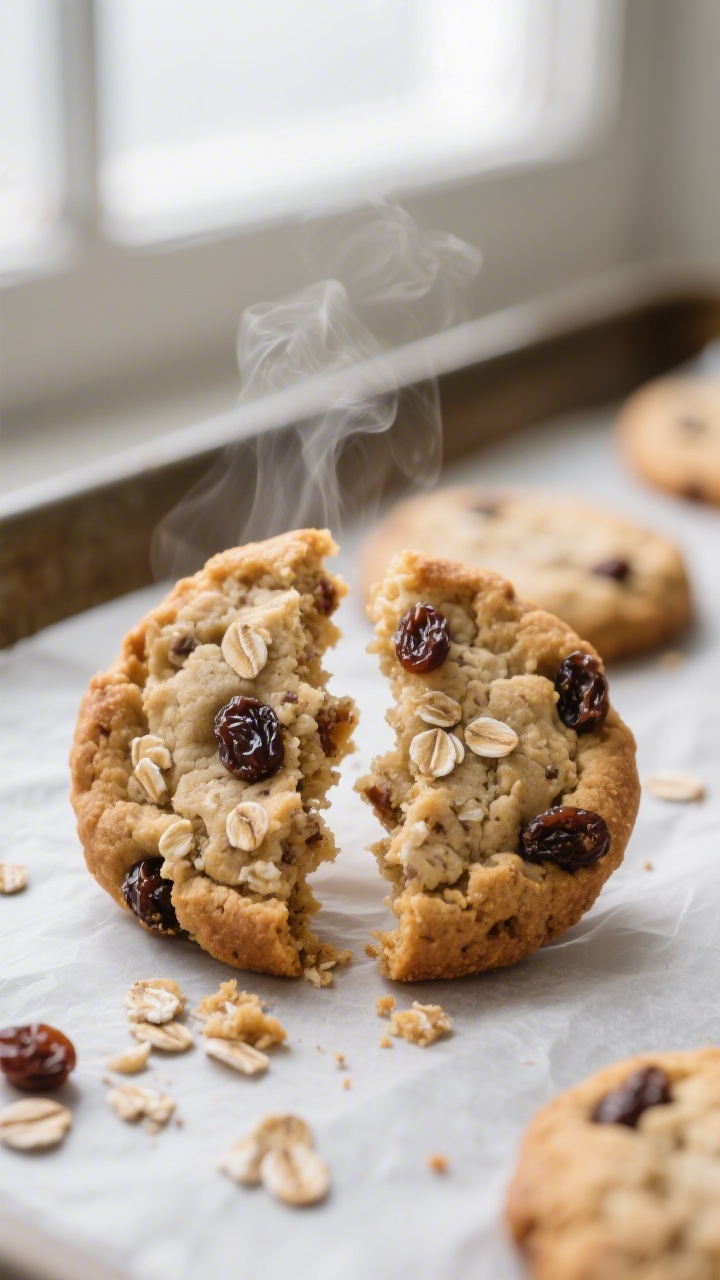 Close-up detail: A just-baked sourdough oatmeal raisin cookie broken in half on a parchment-lined ba