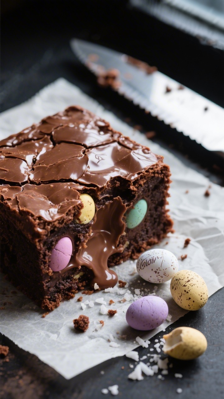 Close-up detail: A just-cut Cadbury Mini Egg brownie square with a glossy, crackly top and dense, fu
