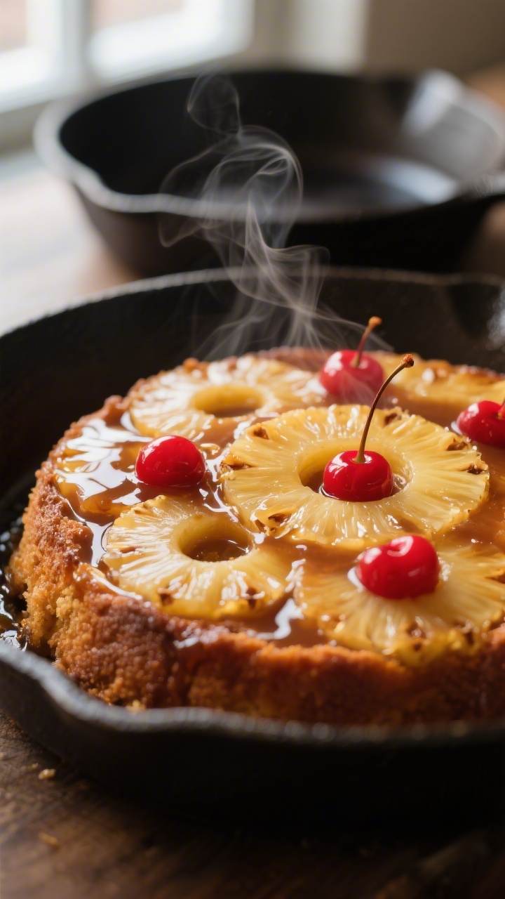 Close-up detail: A just-inverted pineapple upside down cake still glistening with buttery brown-suga