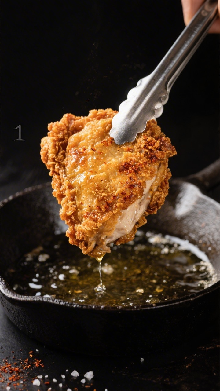 Close-up detail: A piece of sourdough fried chicken just lifted from the oil with tongs, crust glist