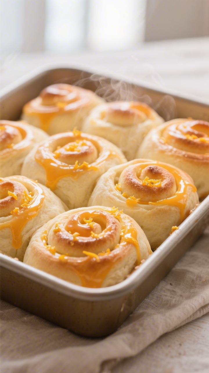 Close-up detail: A warm pan of freshly baked Orange Glazed Sweet Rolls just out of the oven, spirals