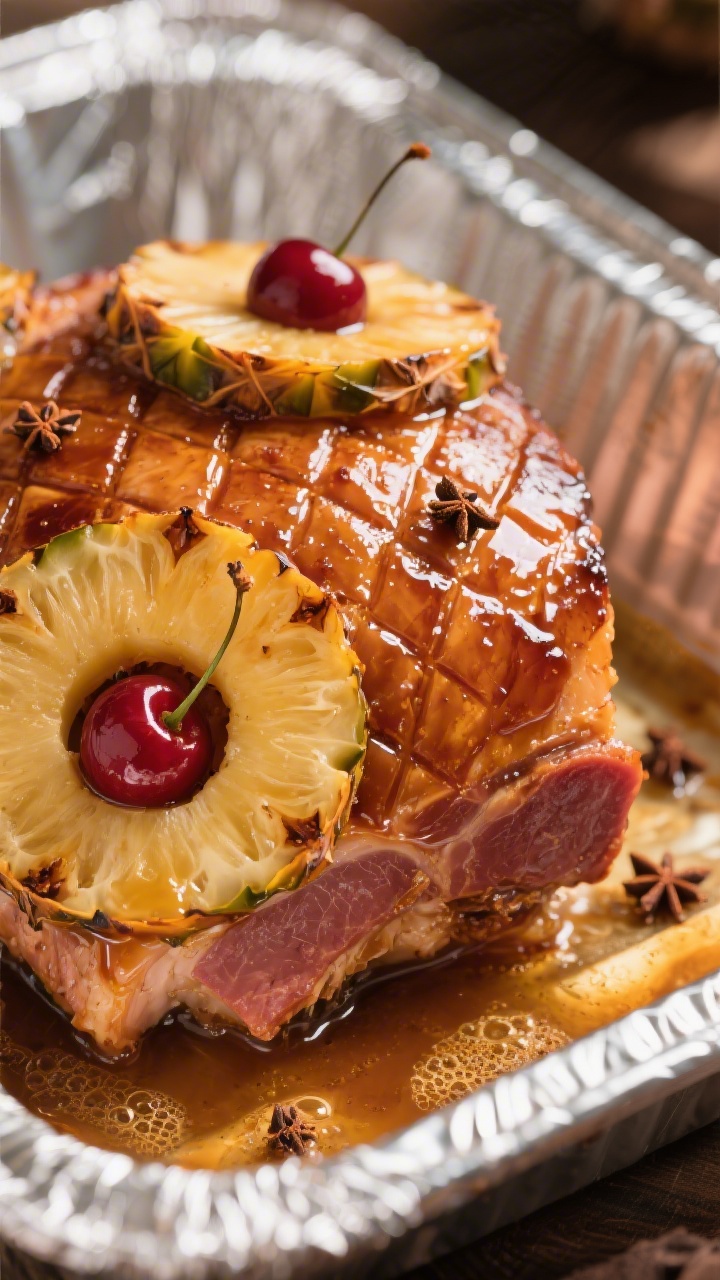 Close-up detail: Caramelized brown sugar pineapple ham during the final uncovered roast, showing gli