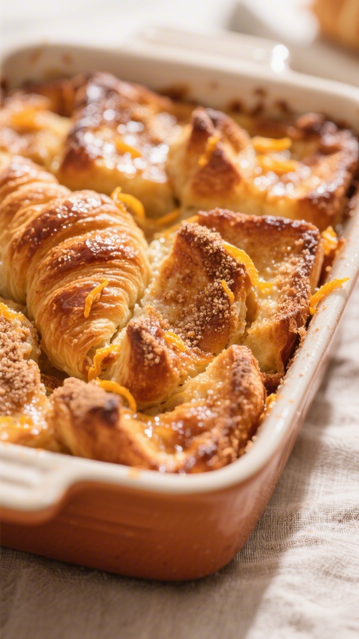 Close-up detail: Caramelized, puffed Croissant French Toast Bake just out of the oven, showing gloss