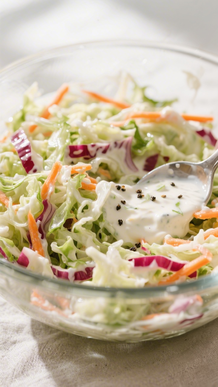 Close-up detail: Creamy coleslaw just after combining, glistening strands of finely shredded green a
