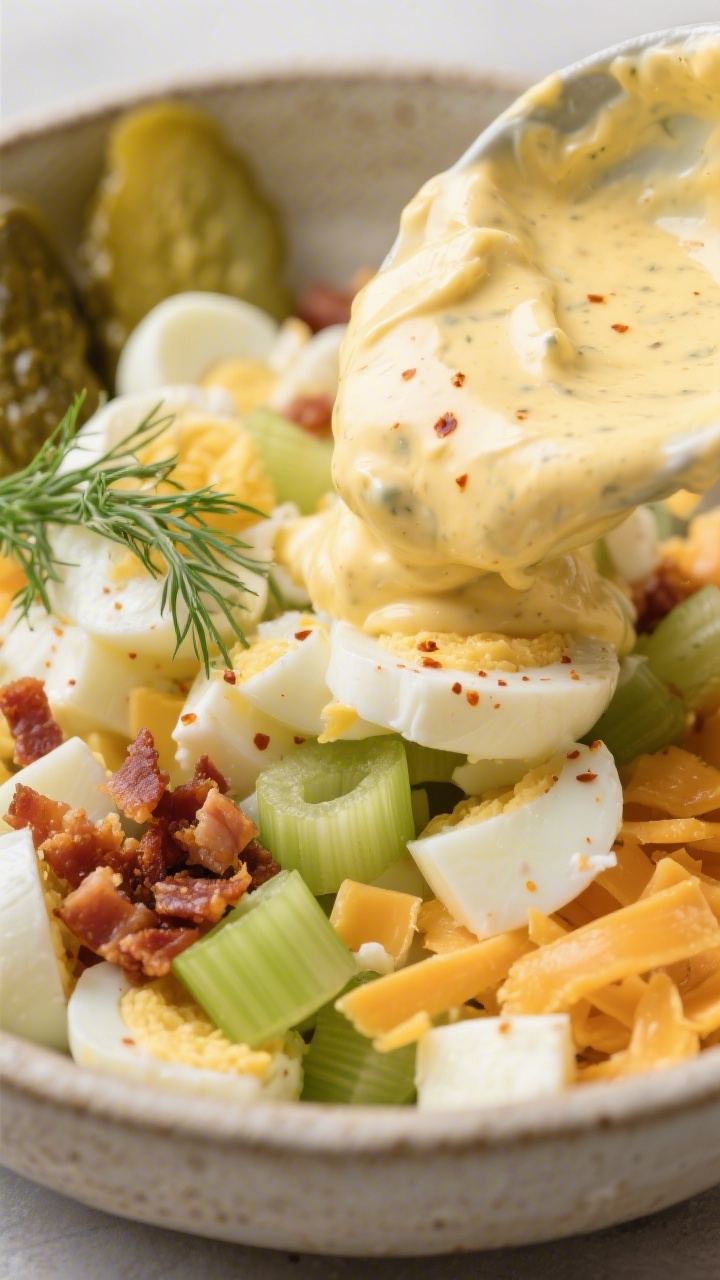 Close-up detail – Creamy deviled-egg dressing being folded with diced egg whites, finely chopped d