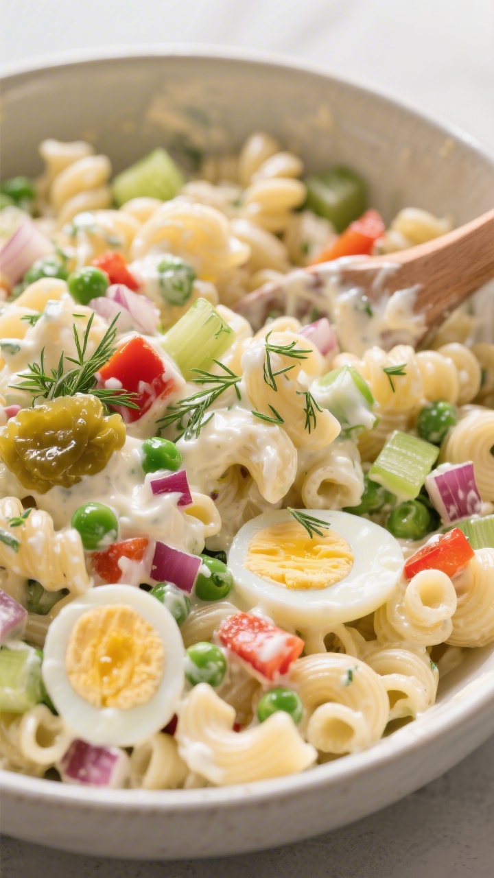 Close-up detail: Creamy Easter macaroni salad being gently folded in a large mixing bowl—elbow mac