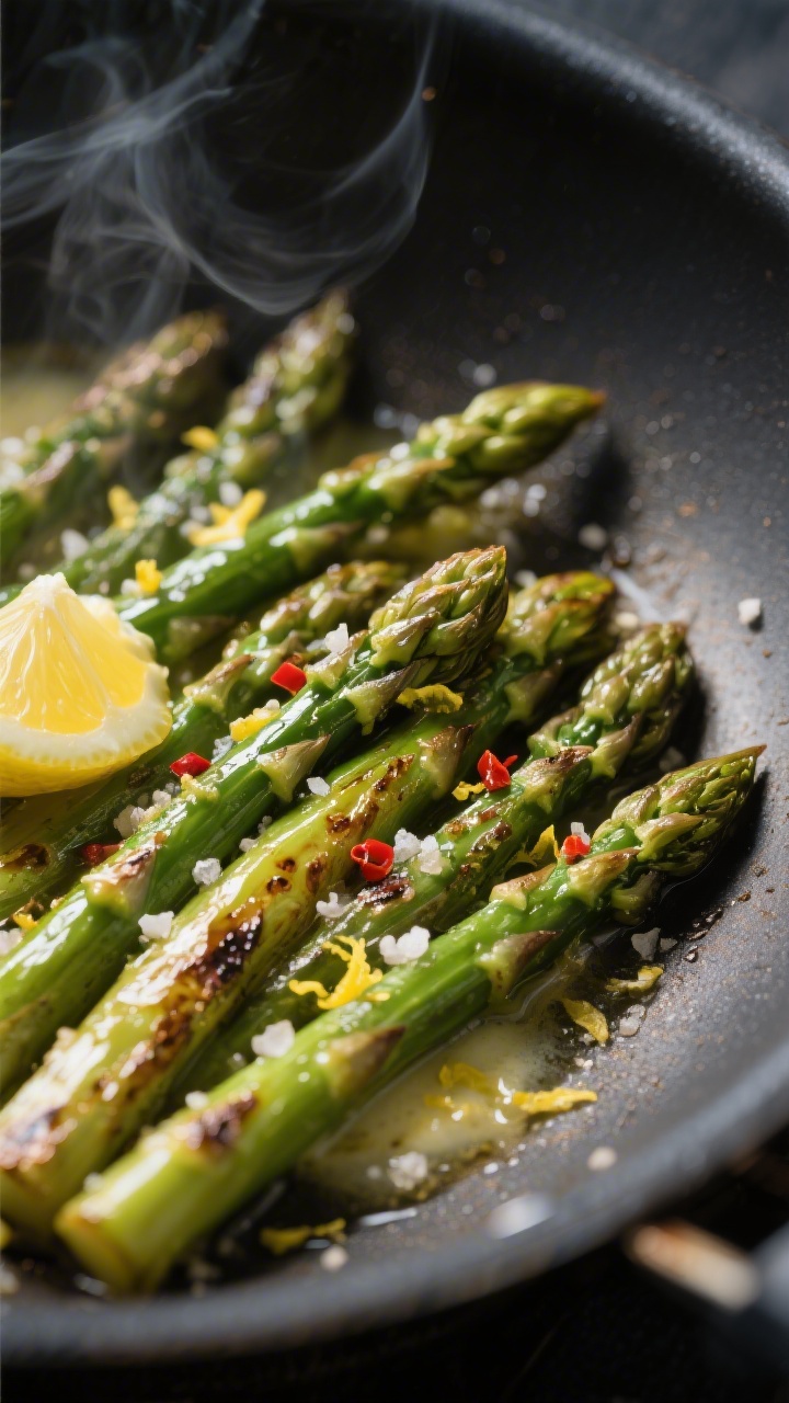 Close-up detail: Crisp-tender sautéed asparagus spears in a hot skillet, lightly browned blistered 