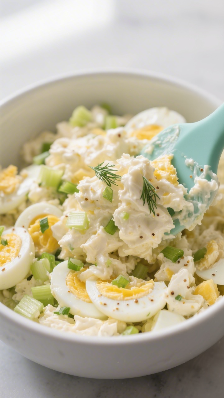 Close-up detail: Fluffy chopped hard-boiled eggs folded with creamy mayonnaise, Dijon, and lemon dre