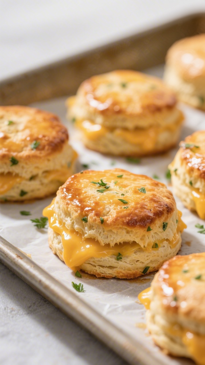 Close-up detail: Freshly baked Cheddar Herb Biscuits just out of the oven on a parchment-lined tray,