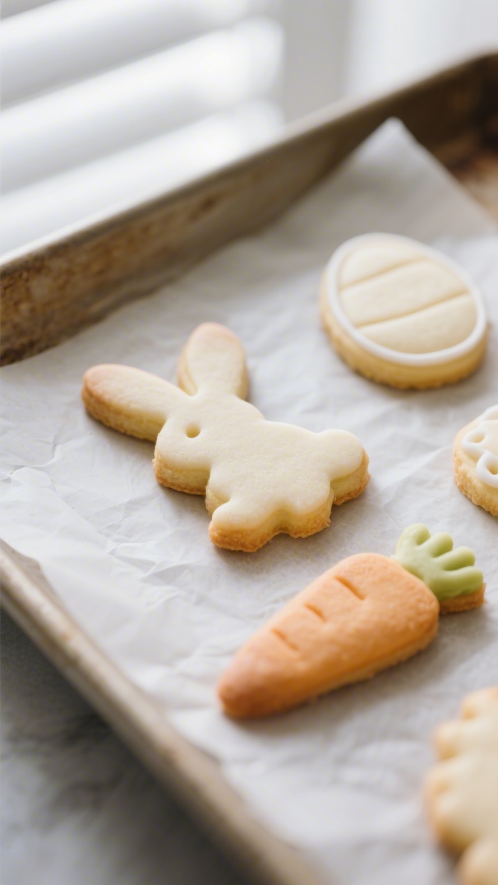 Close-up detail: Freshly baked Easter sugar cookies just out of the oven, pale golden edges with sof