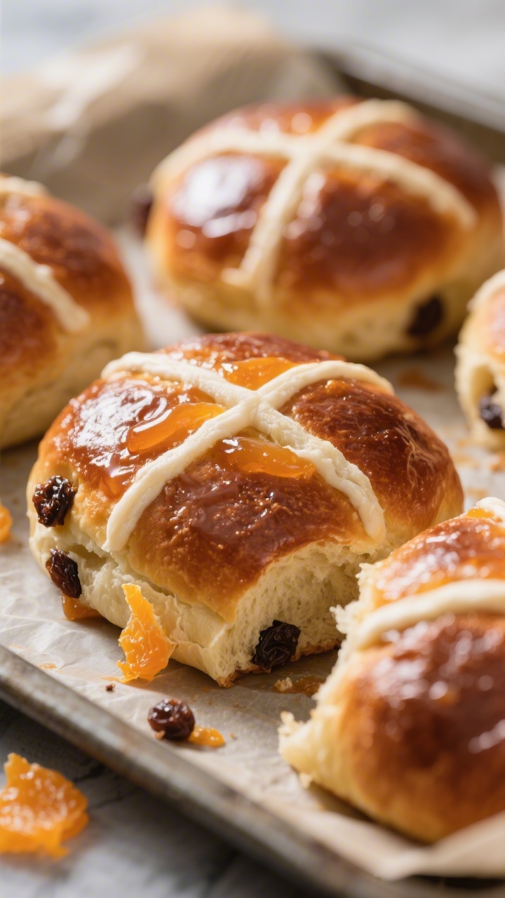 Close-up detail: Freshly baked hot cross buns just out of the oven, deep golden-brown with thin, nea