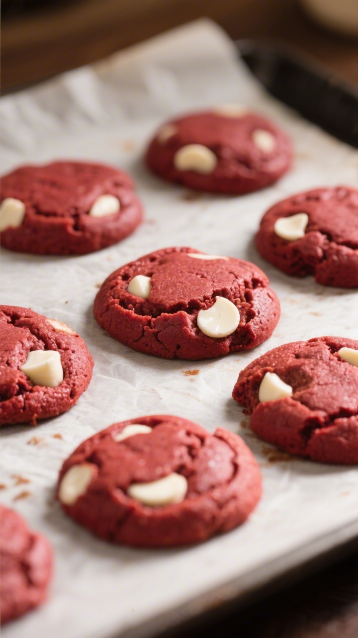 Close-up detail: Freshly baked sourdough red velvet cookies just out of the oven on a parchment-line