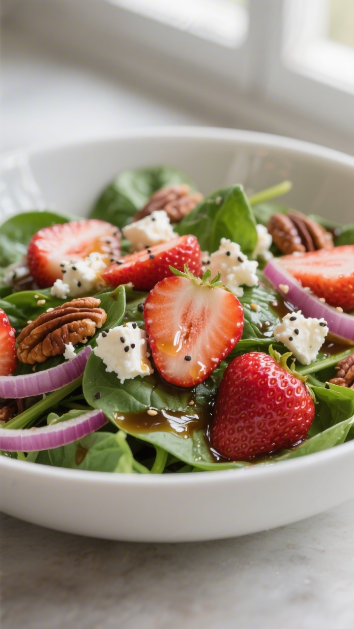 Close-up detail: Glistening sliced strawberries and crumbled feta nestled into tender baby spinach l