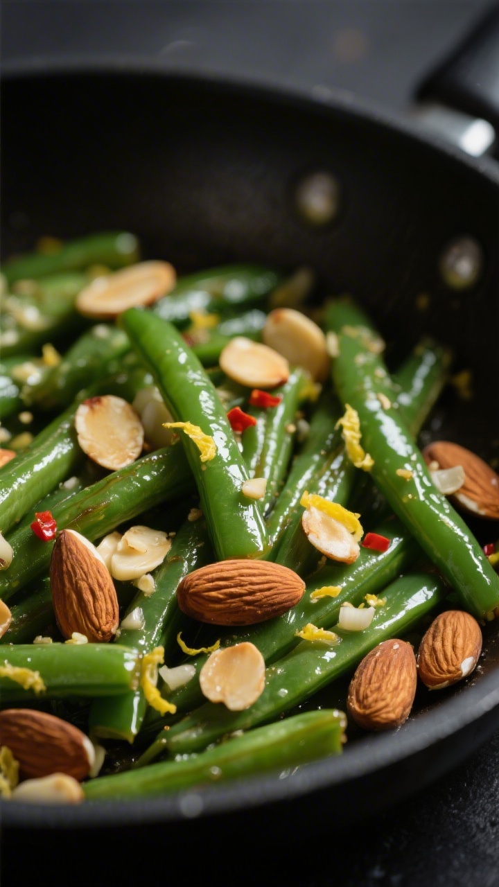 Close-up detail: Glossy, crisp-tender green beans tossed with golden toasted sliced almonds in a ski