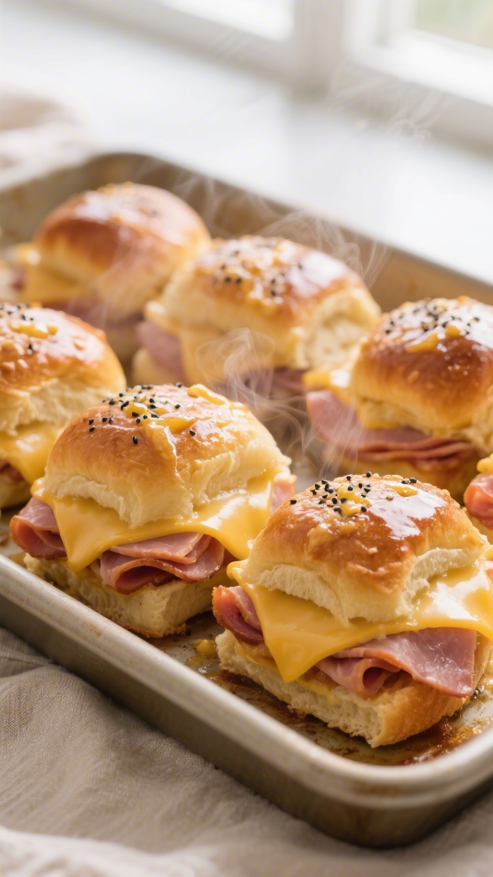 Close-up detail: Golden-baked mini ham and Swiss sliders just out of the oven, tops brushed with but