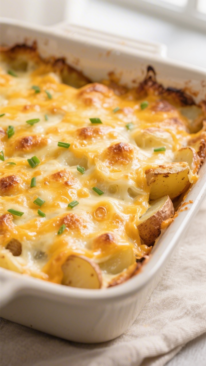 Close-up detail: Golden, bubbly top of a baked Cheesy Easter Potato Casserole fresh from the oven, s