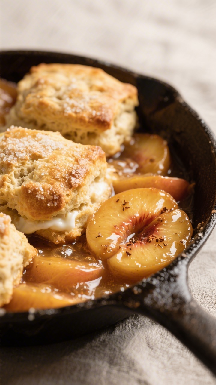 Close-up detail: Golden, craggy sourdough-biscuit topping over bubbling peach filling in a deep skil