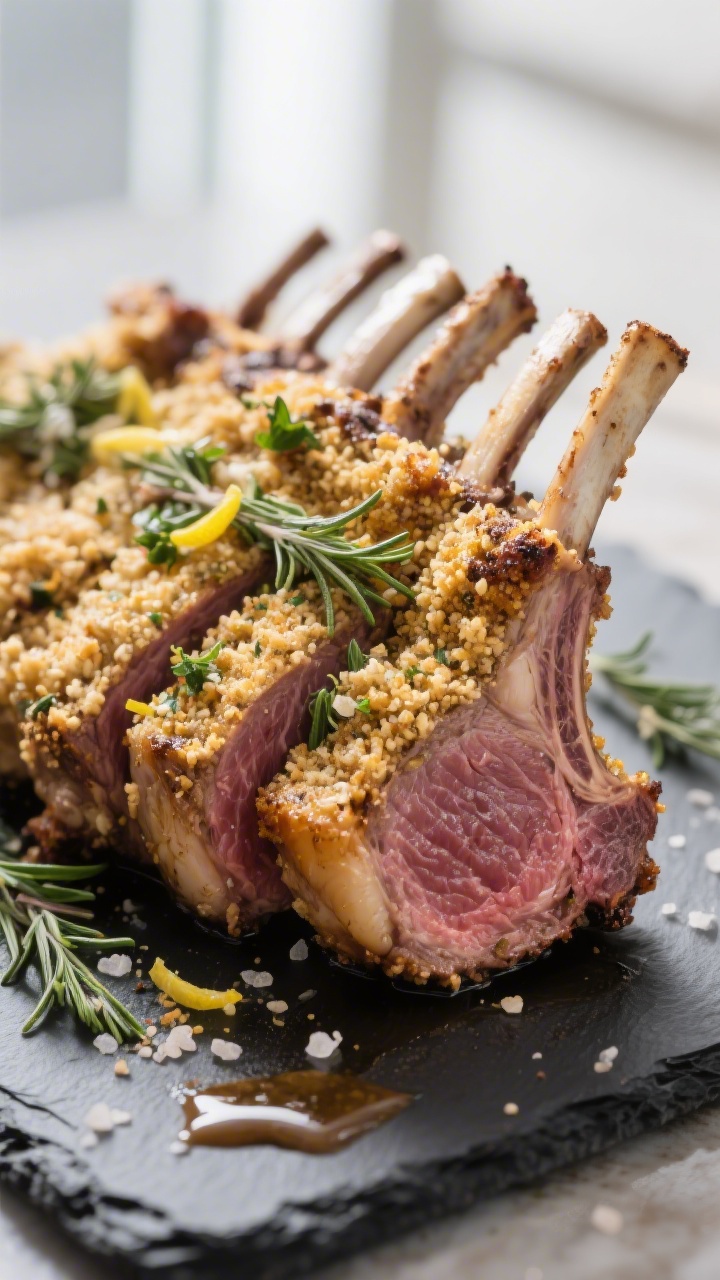Close-up detail: Golden garlic-herb crust on a just-rested rack of lamb, showing crisp panko crumbs,