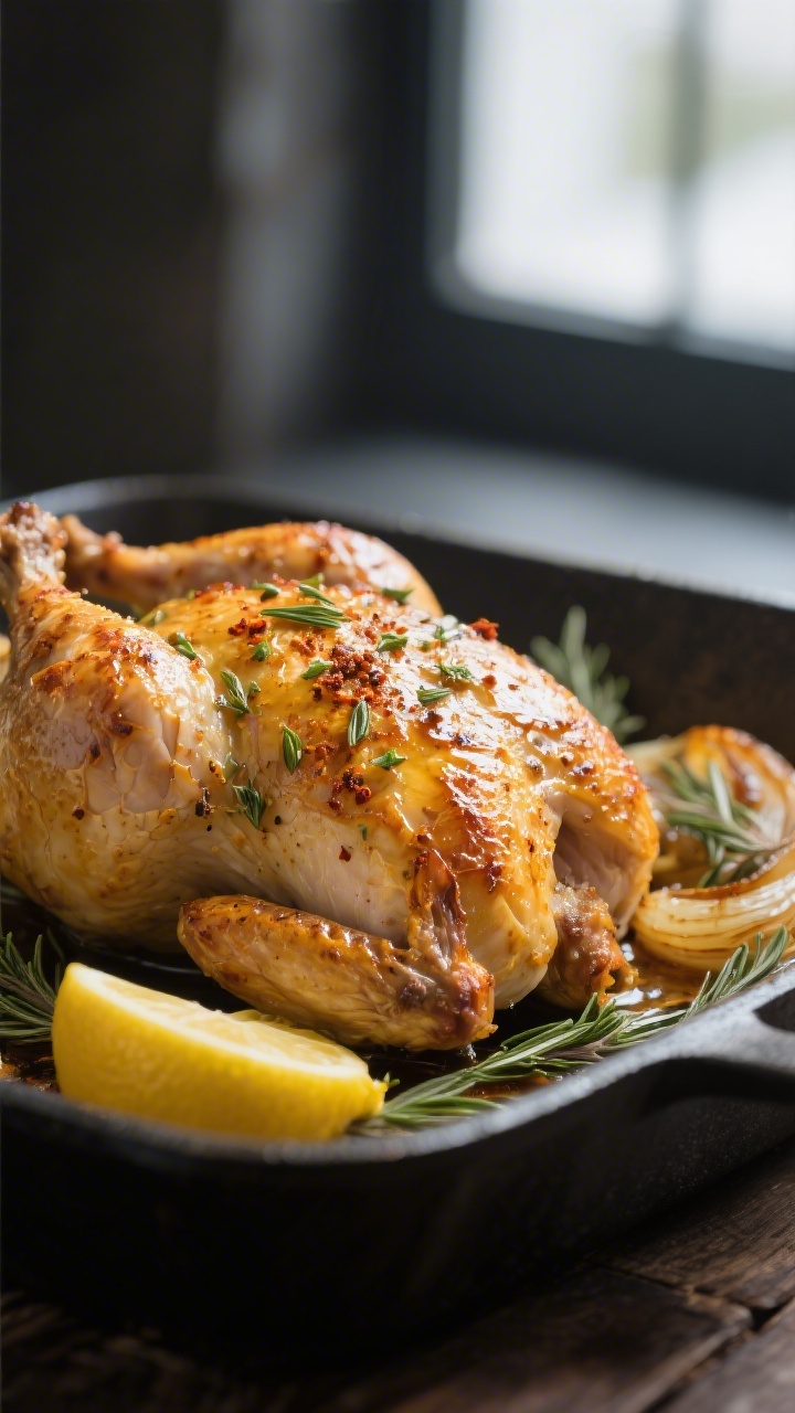 Close-up detail: Golden, herb-roasted whole chicken skin with crackly, blistered texture glistening 