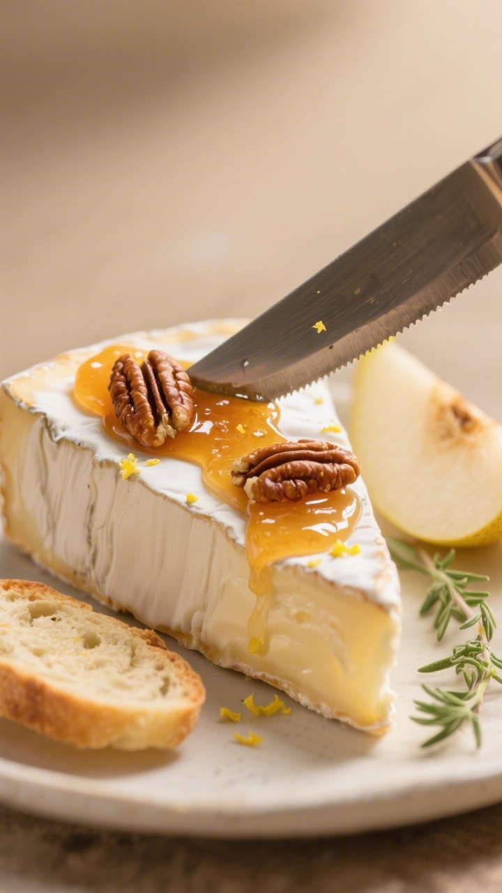 Close-up detail: Gooey brie topped with a glossy ribbon of apricot jam and a few candied pecans, kni
