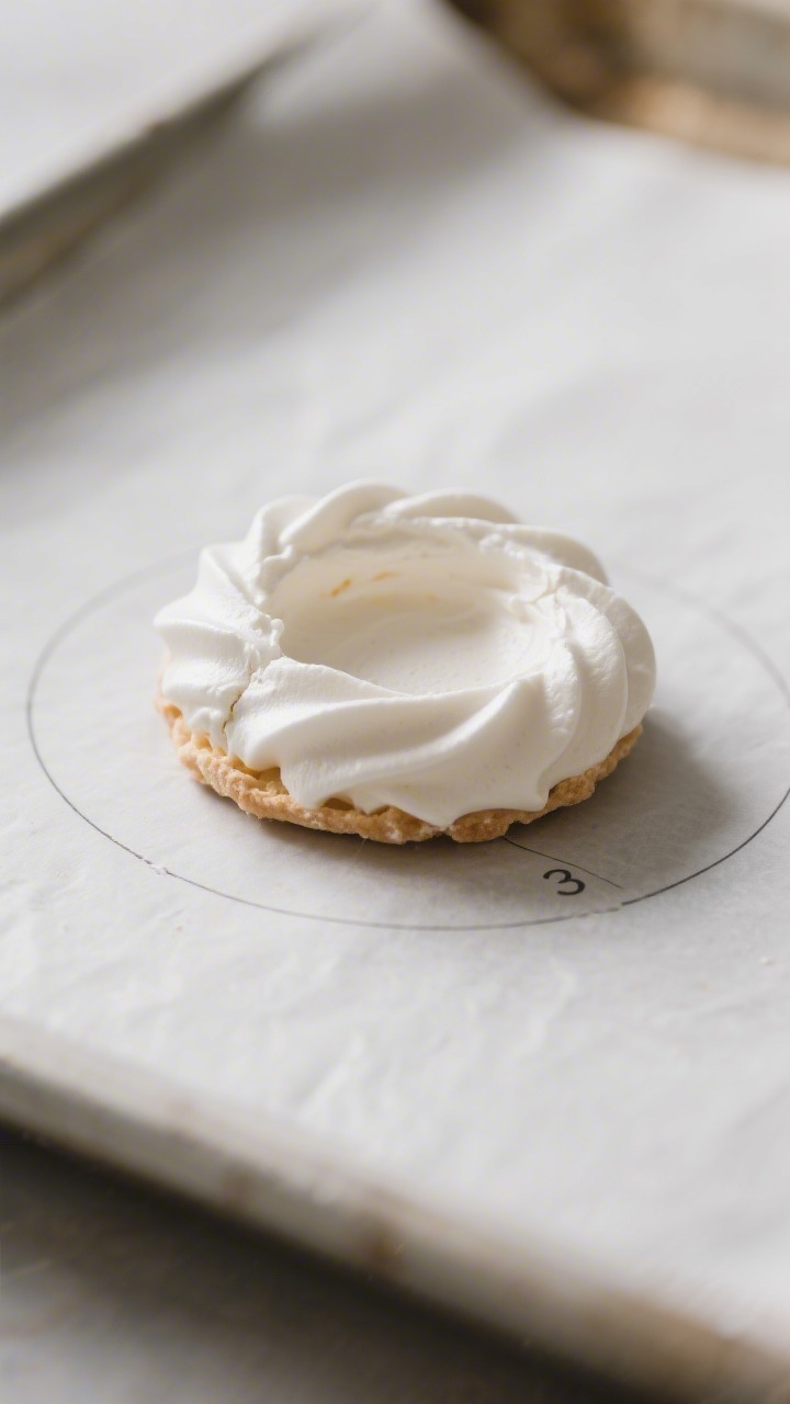 Close-up detail: Mini pavlova shell just out of the oven, crisp matte exterior with delicate swirls